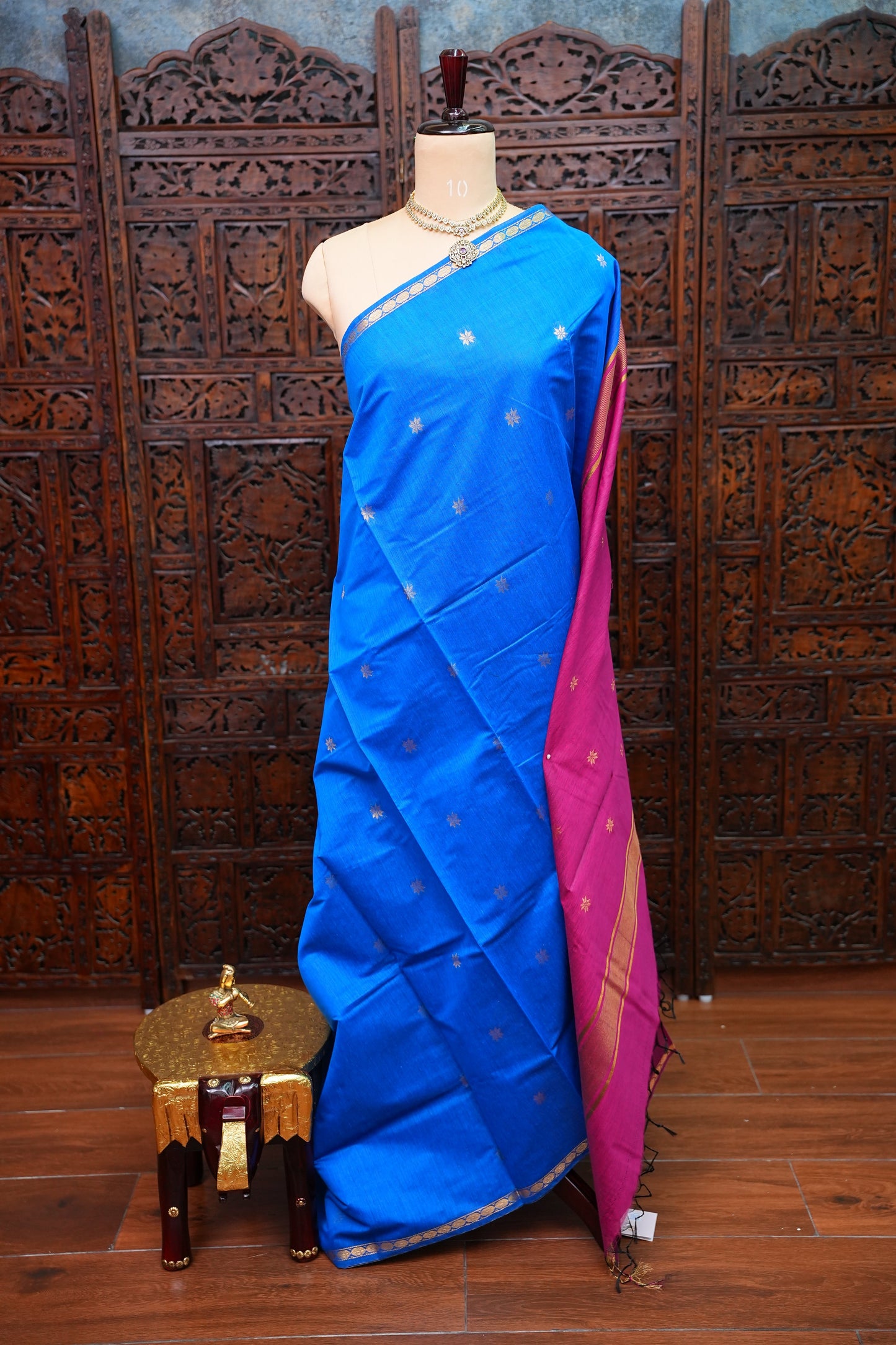 Maheshwari Silk Cotton Saree | Blue With Pink