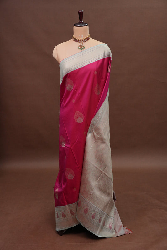 Pink Semi Silk Saree with Ice Blue Zari Border