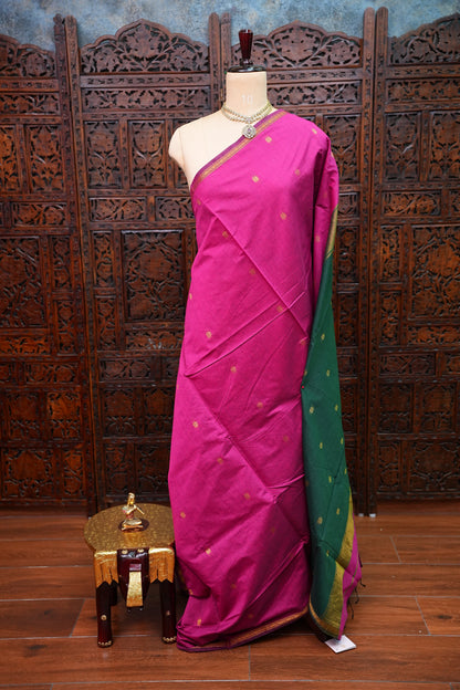 Maheshwari Silk Cotton Saree | Emerald Green With Pink