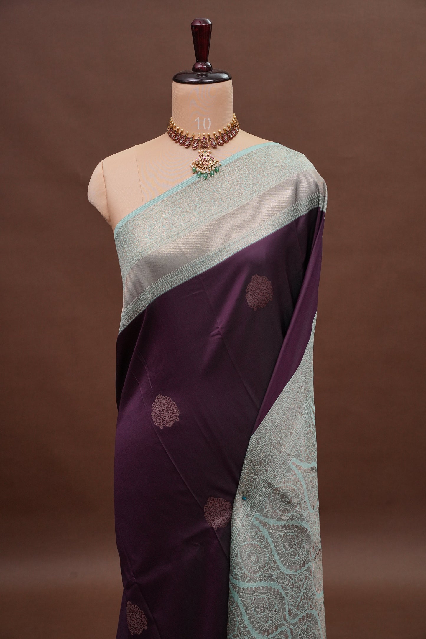 Deep Purple Semi Silk Saree with Sea Green Zari Border