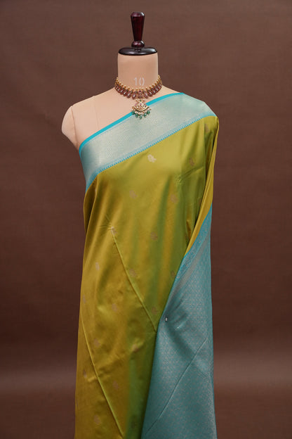 Lime Green Semi Silk Saree with Aqua Blue Silver Zari Border