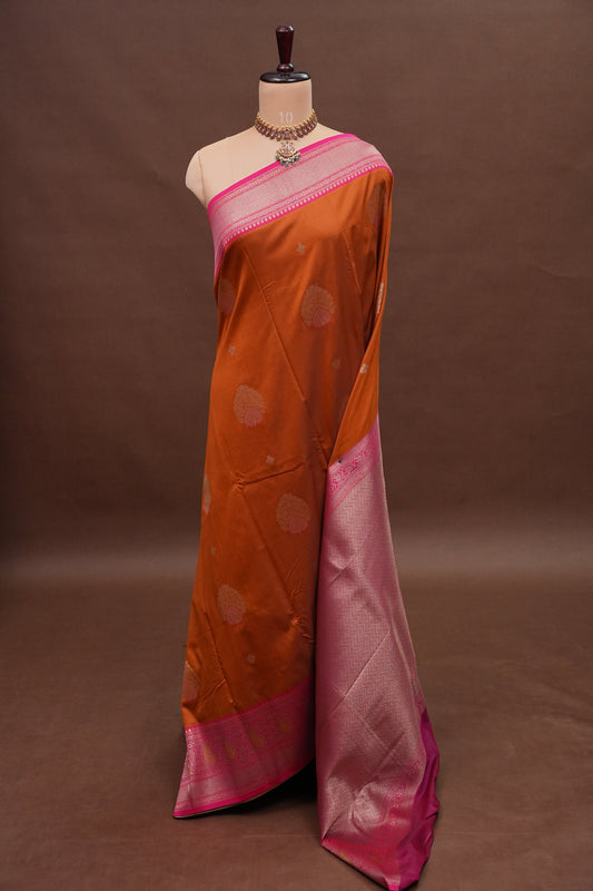 Rust Orange Semi Silk Saree with Pink Zari Border