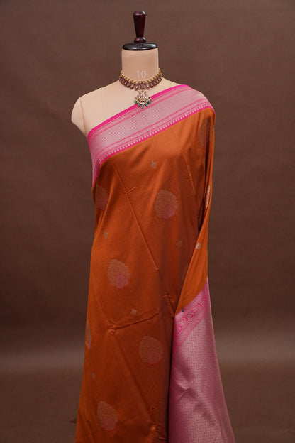 Rust Orange Semi Silk Saree with Pink Zari Border