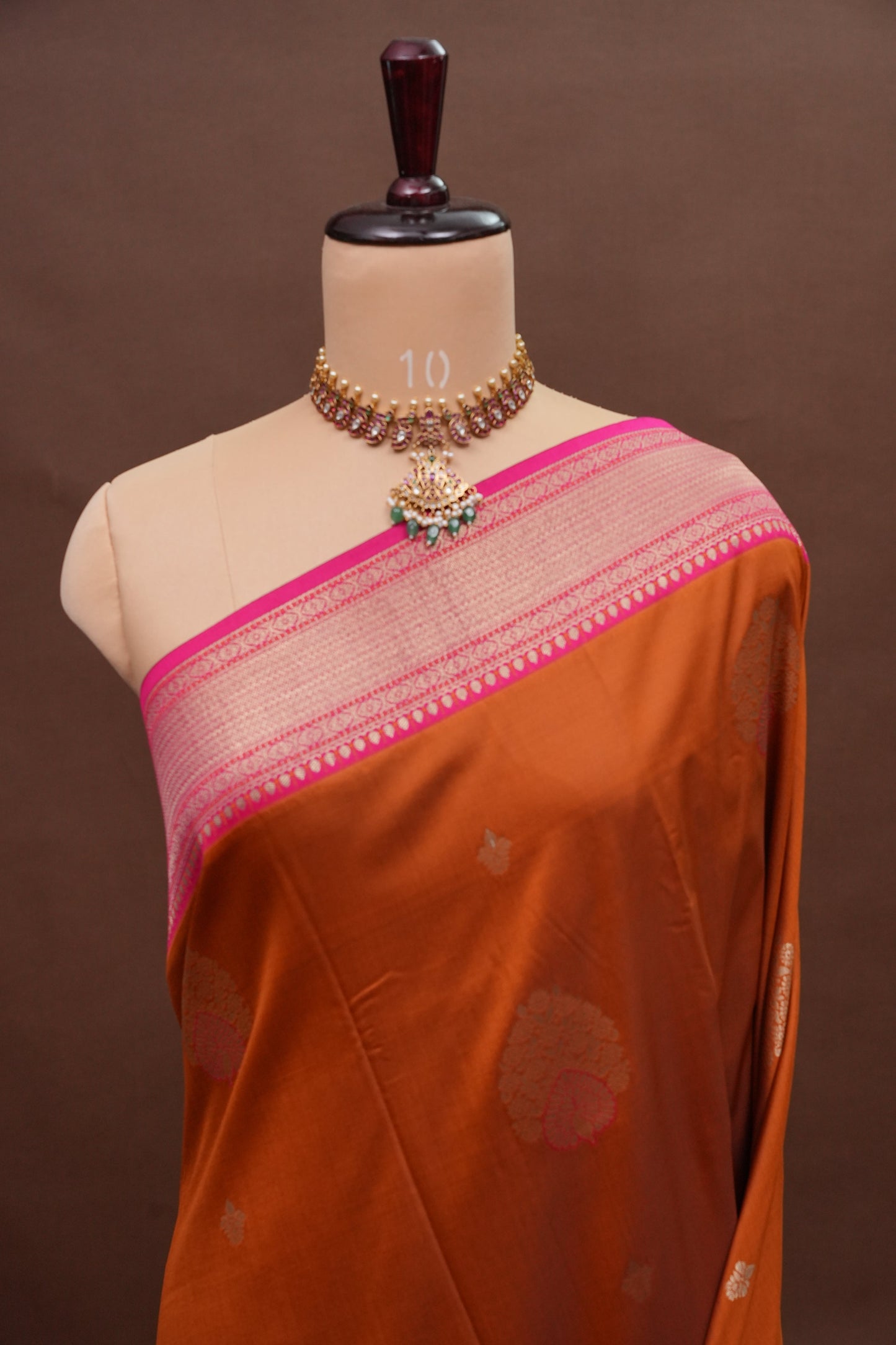 Rust Orange Semi Silk Saree with Pink Zari Border