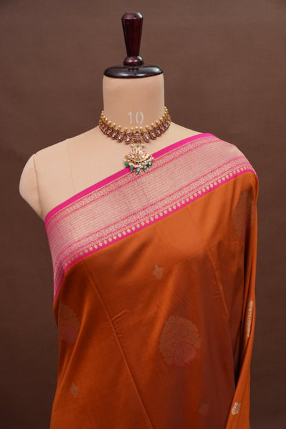 Rust Orange Semi Silk Saree with Pink Zari Border