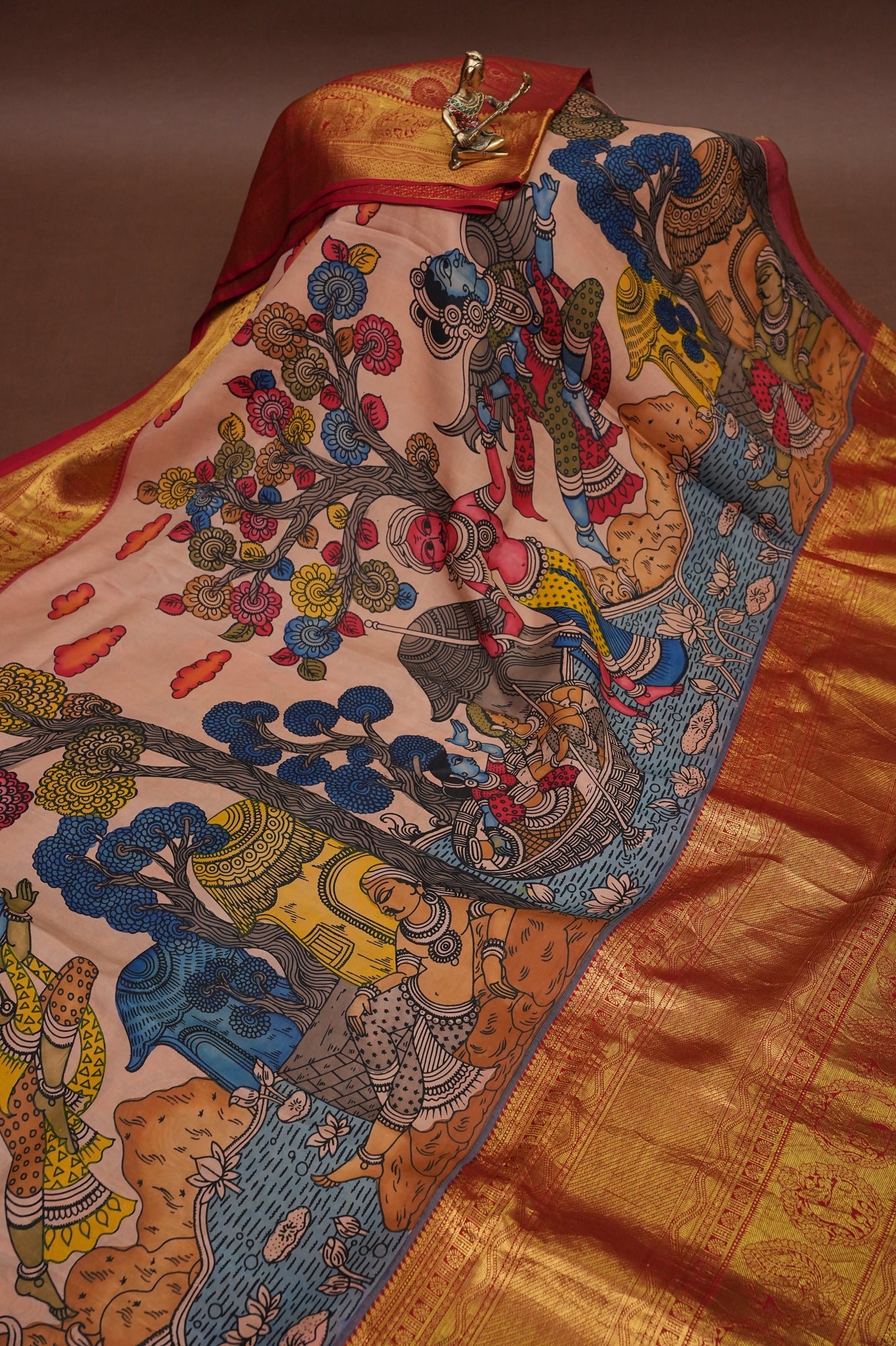 Handpainted Pen Kalamkari Pure Kanchipuram Silk Saree - Peach with Red Border|Silk Mark Certified