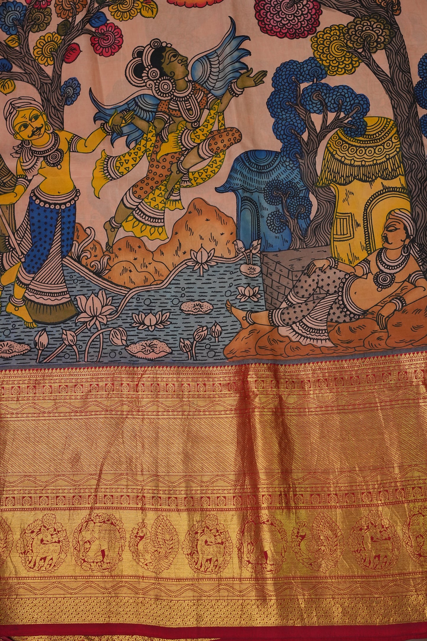 Handpainted Pen Kalamkari Pure Kanchipuram Silk Saree - Peach with Red Border|Silk Mark Certified