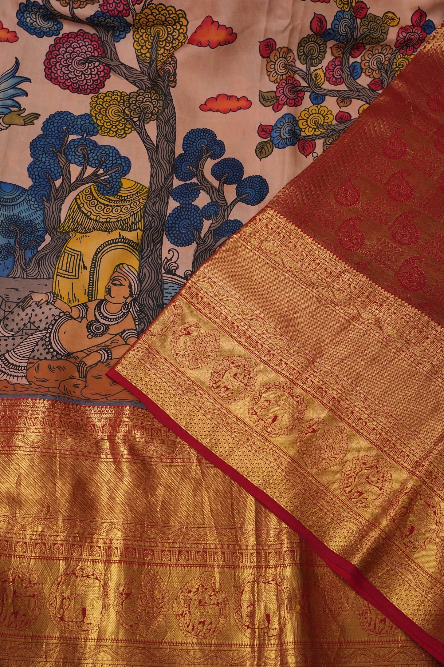 Handpainted Pen Kalamkari Pure Kanchipuram Silk Saree - Peach with Red Border|Silk Mark Certified