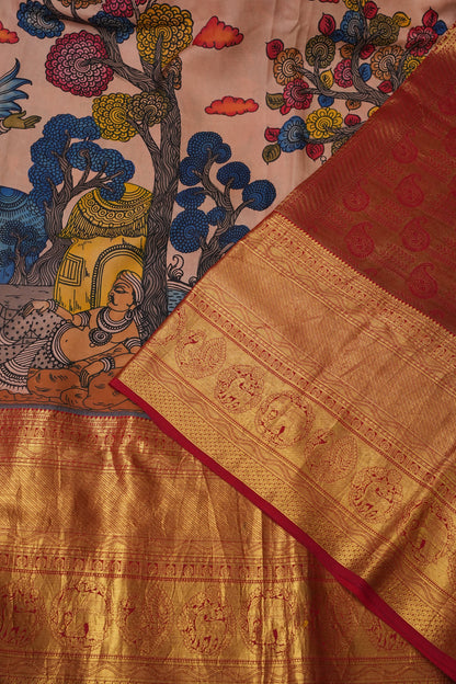 Handpainted Pen Kalamkari Pure Kanchipuram Silk Saree - Peach with Red Border|Silk Mark Certified