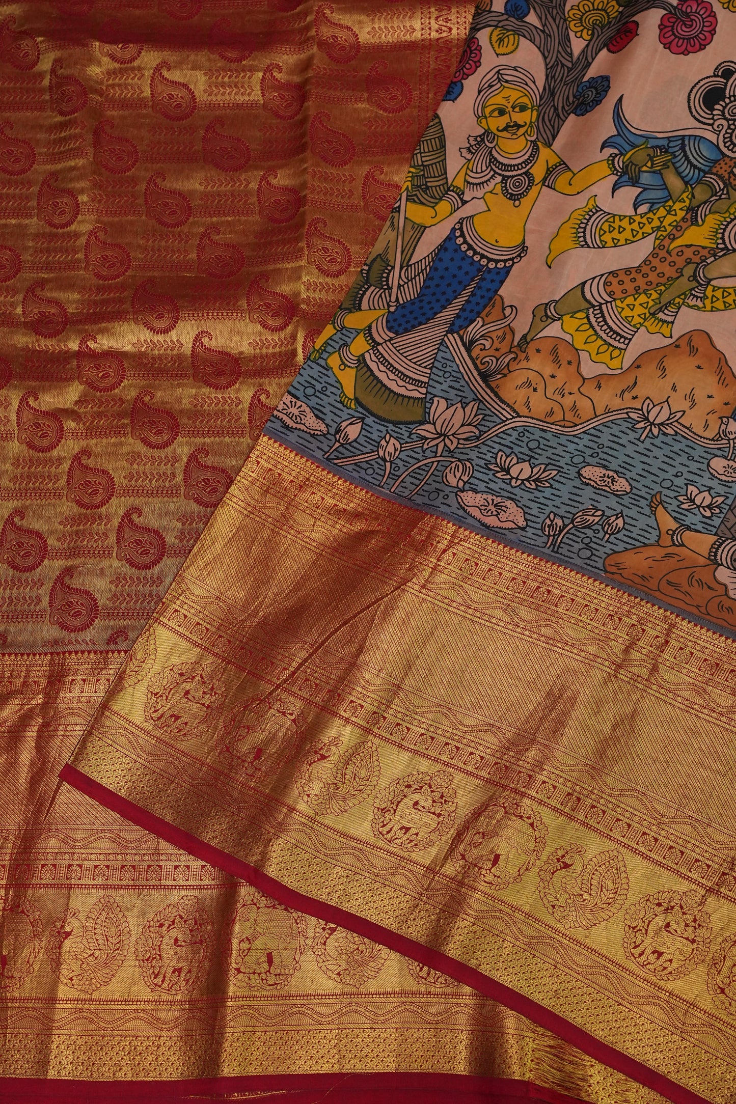 Handpainted Pen Kalamkari Pure Kanchipuram Silk Saree - Peach with Red Border|Silk Mark Certified