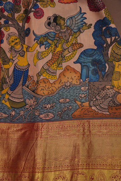 Handpainted Pen Kalamkari Pure Kanchipuram Silk Saree - Peach with Red Border|Silk Mark Certified
