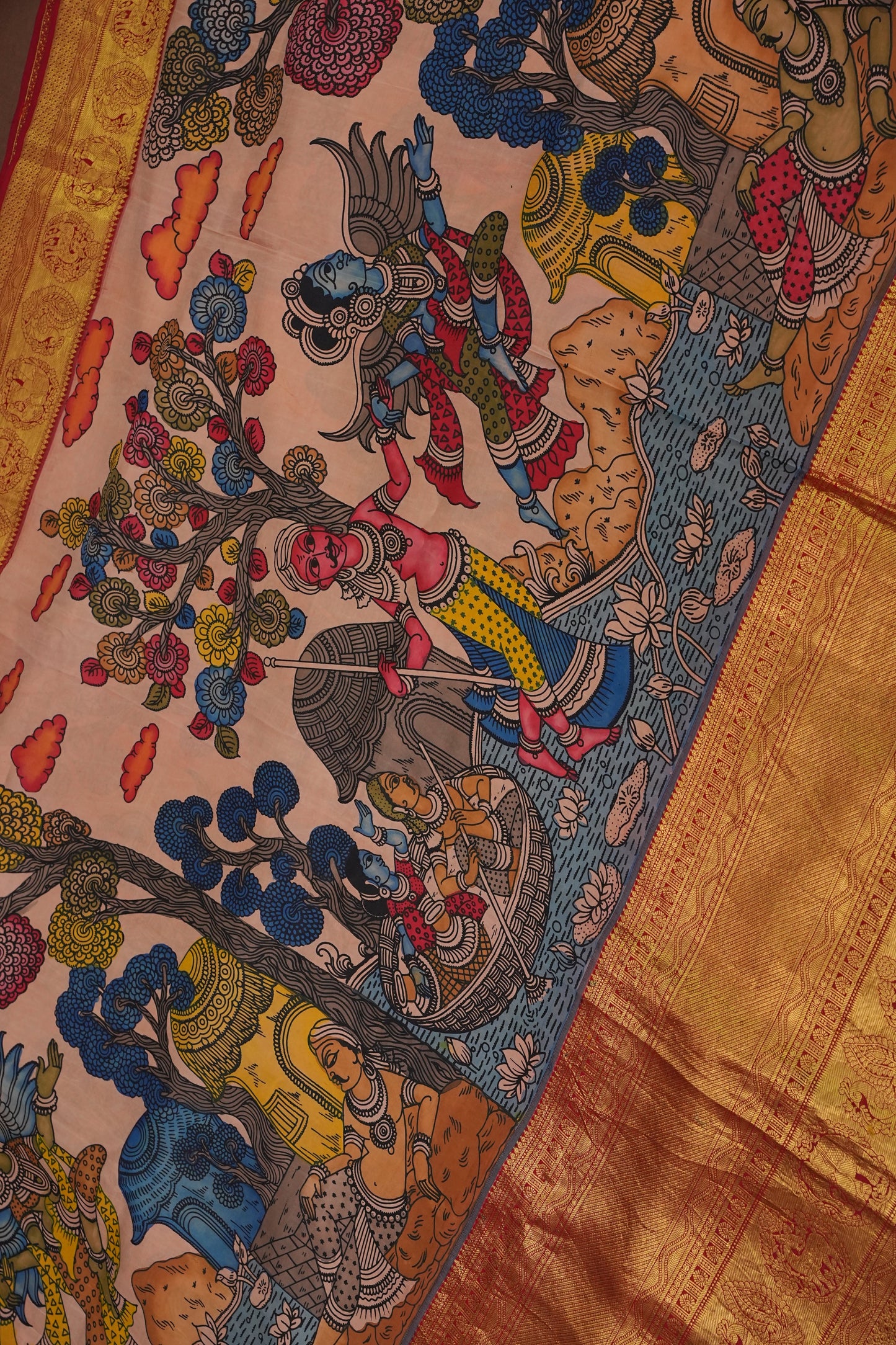 Handpainted Pen Kalamkari Pure Kanchipuram Silk Saree - Peach with Red Border|Silk Mark Certified