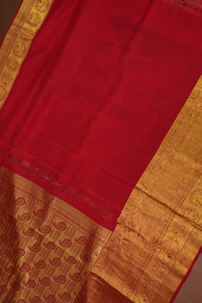 Handpainted Pen Kalamkari Pure Kanchipuram Silk Saree - Peach with Red Border|Silk Mark Certified