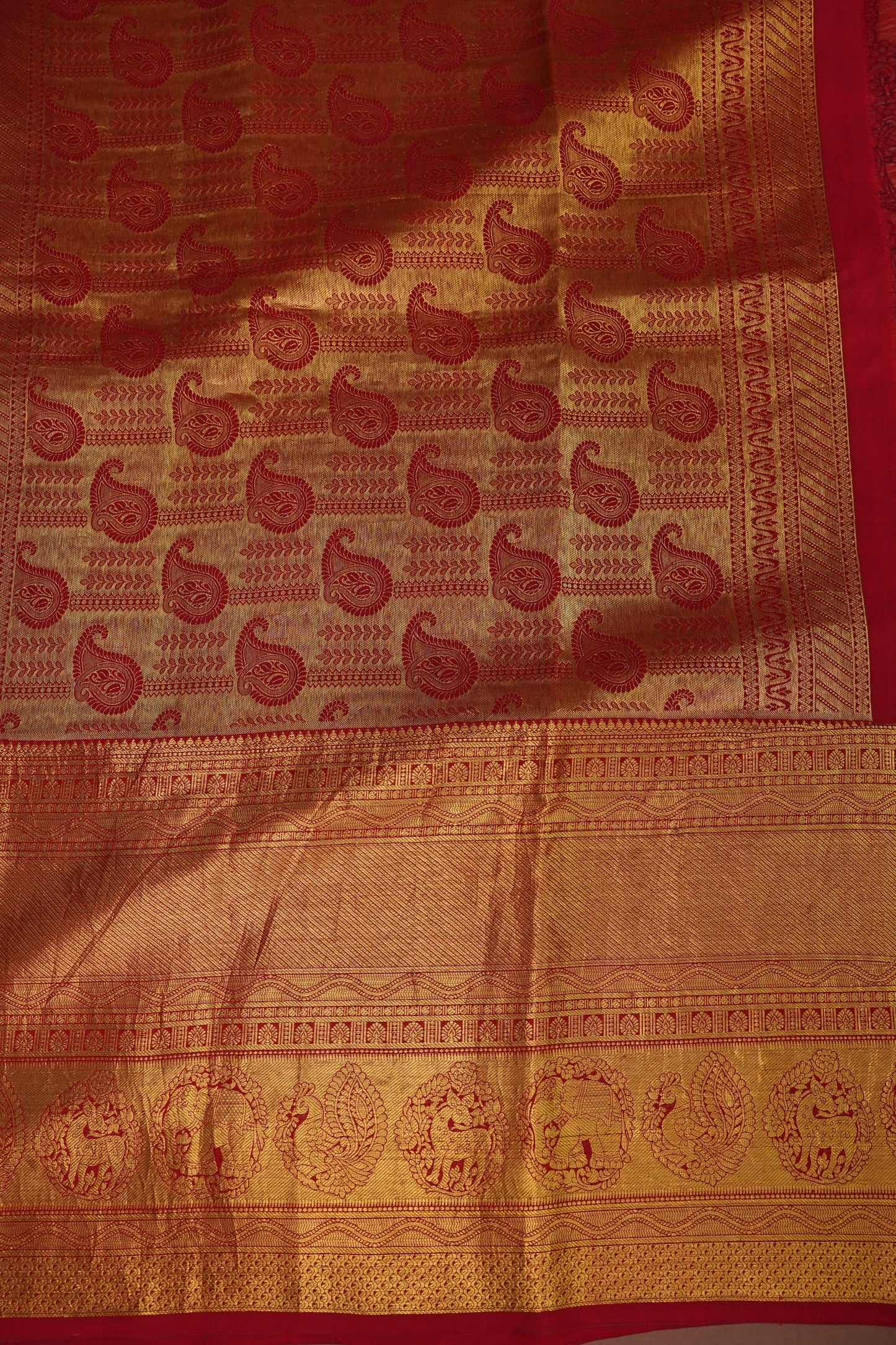Handpainted Pen Kalamkari Pure Kanchipuram Silk Saree - Peach with Red Border|Silk Mark Certified