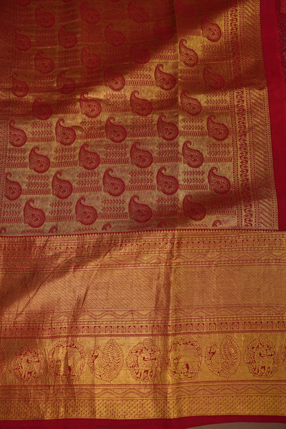 Handpainted Pen Kalamkari Pure Kanchipuram Silk Saree - Peach with Red Border|Silk Mark Certified