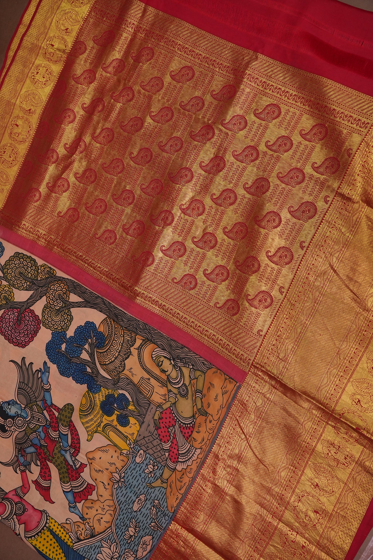Handpainted Pen Kalamkari Pure Kanchipuram Silk Saree - Peach with Red Border|Silk Mark Certified