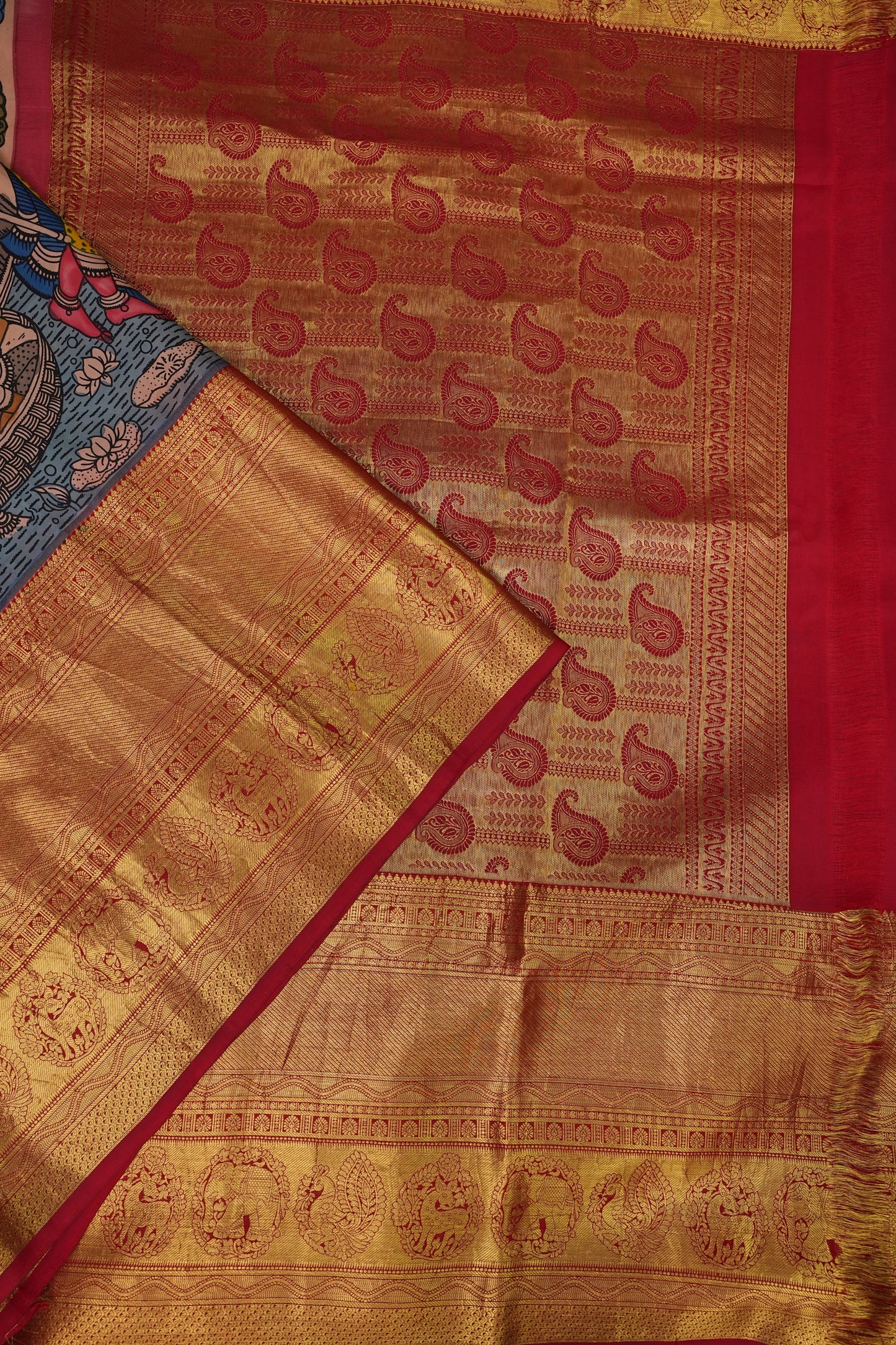 Handpainted Pen Kalamkari Pure Kanchipuram Silk Saree - Peach with Red Border|Silk Mark Certified