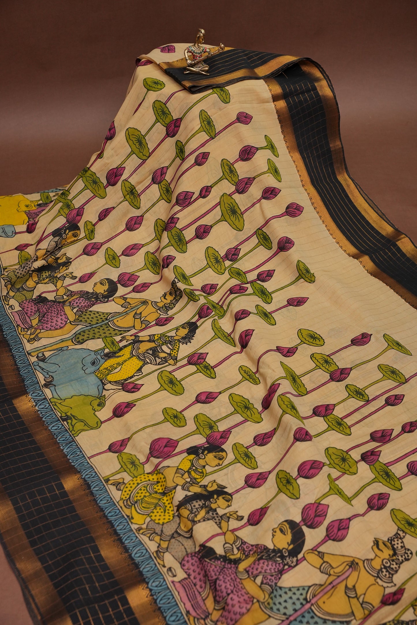 Handpainted PenKalamkari Saree on Bangalore Silk – Beige & Black