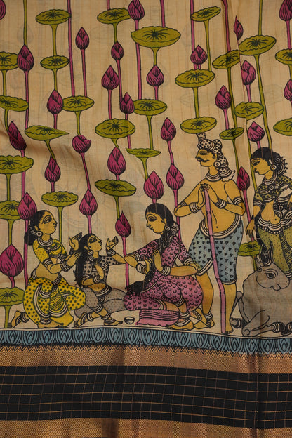 Handpainted PenKalamkari Saree on Bangalore Silk – Beige & Black