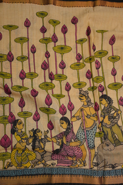 Handpainted PenKalamkari Saree on Bangalore Silk – Beige & Black