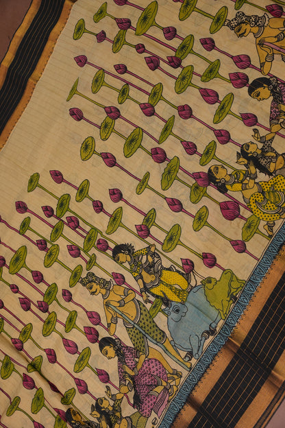 Handpainted PenKalamkari Saree on Bangalore Silk – Beige & Black