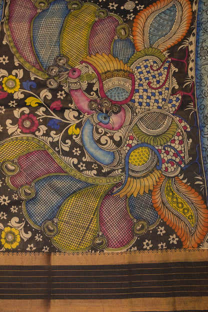 Handpainted PenKalamkari Saree on Bangalore Silk – Beige & Black
