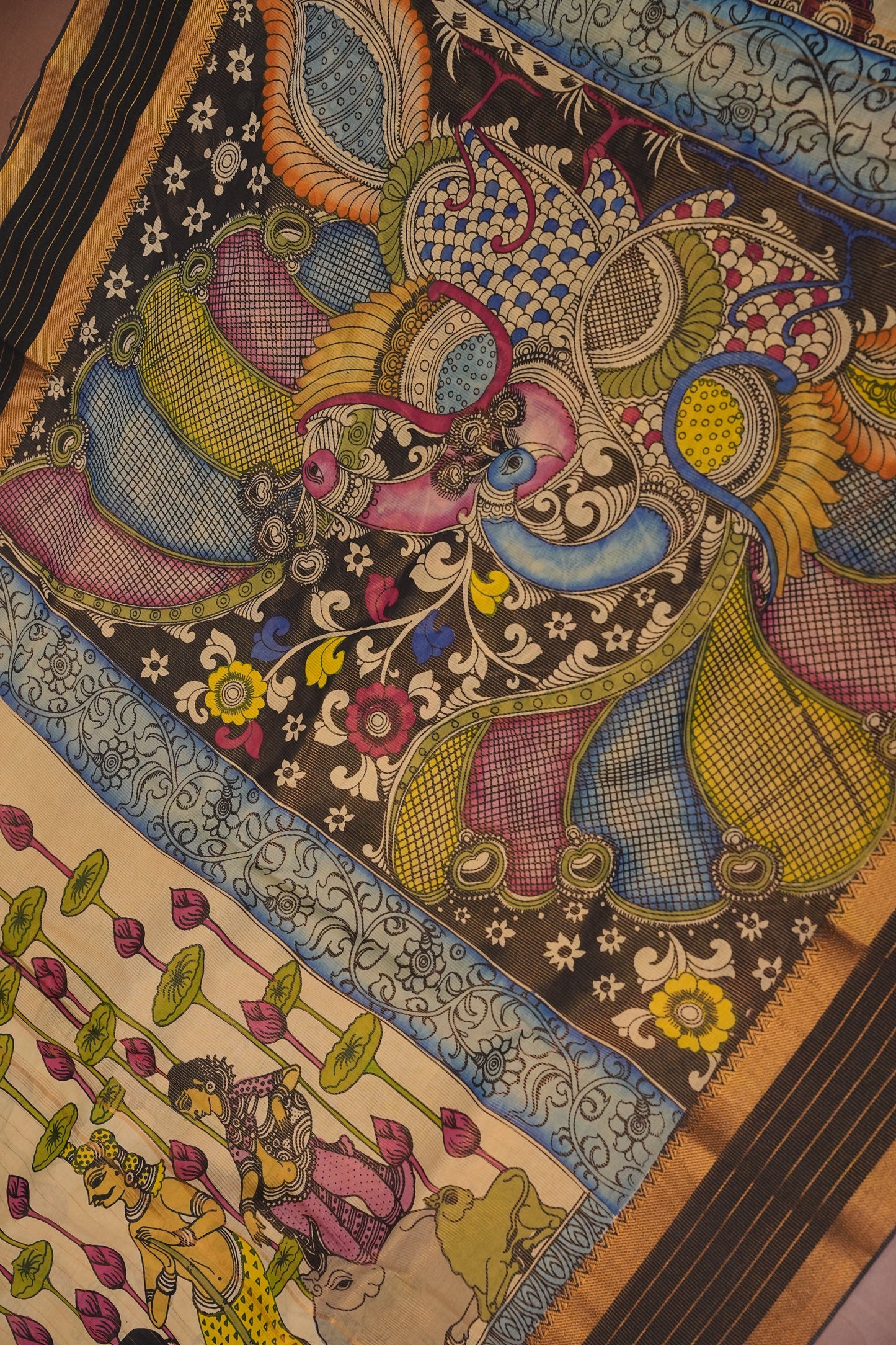 Handpainted PenKalamkari Saree on Bangalore Silk – Beige & Black