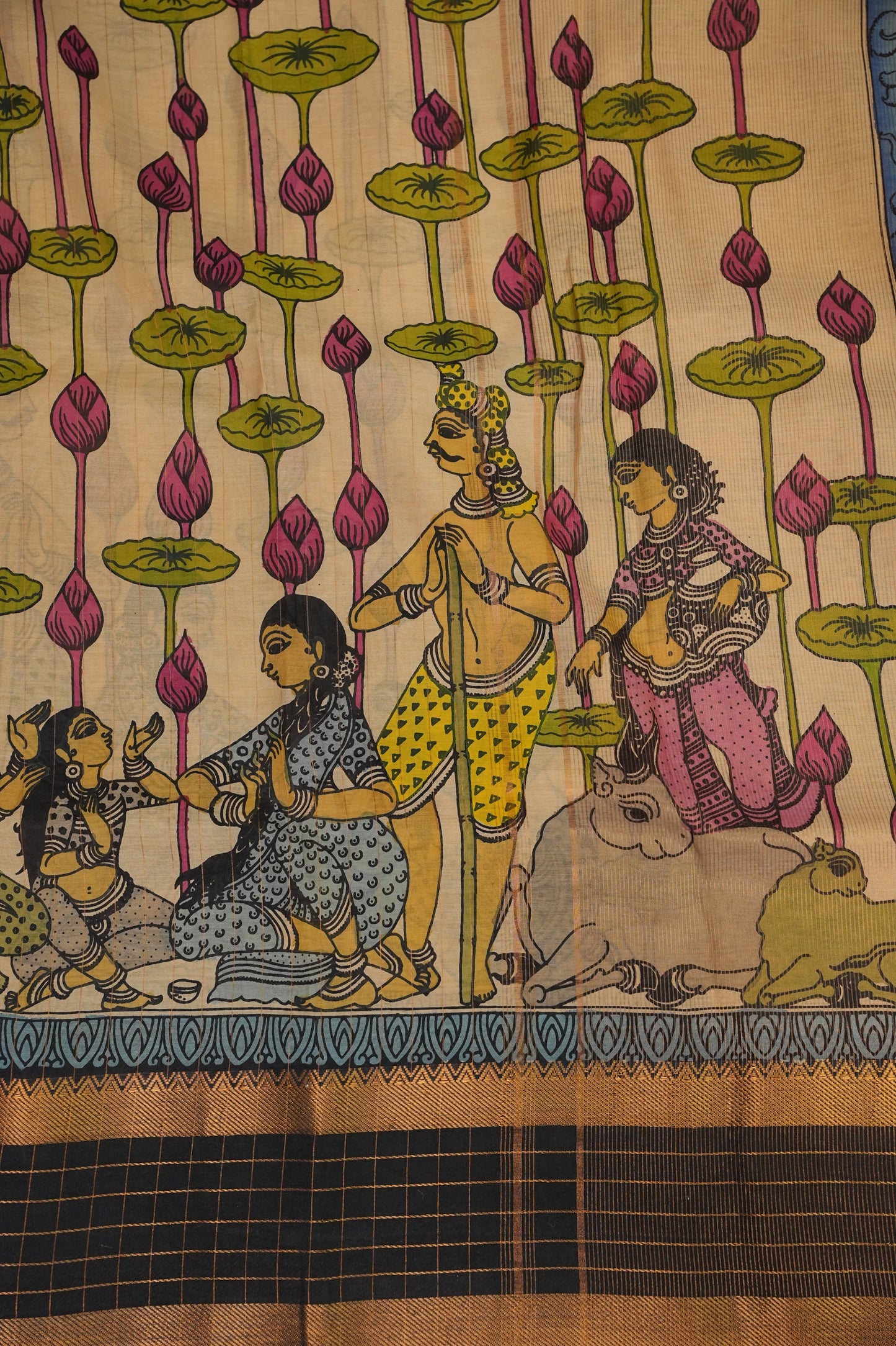 Handpainted PenKalamkari Saree on Bangalore Silk – Beige & Black