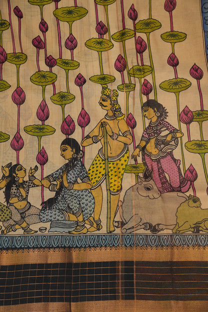 Handpainted PenKalamkari Saree on Bangalore Silk – Beige & Black