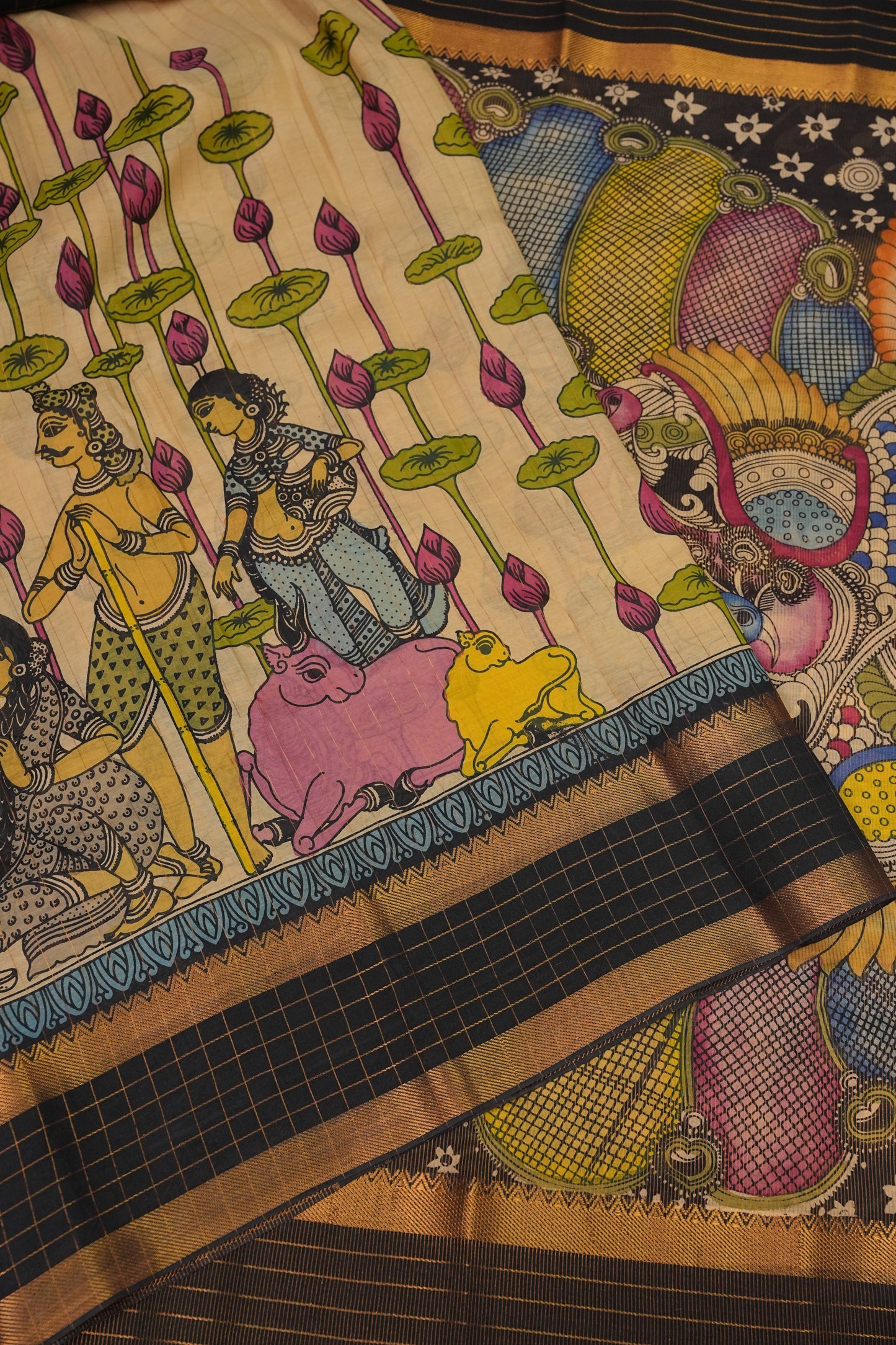 Handpainted PenKalamkari Saree on Bangalore Silk – Beige & Black