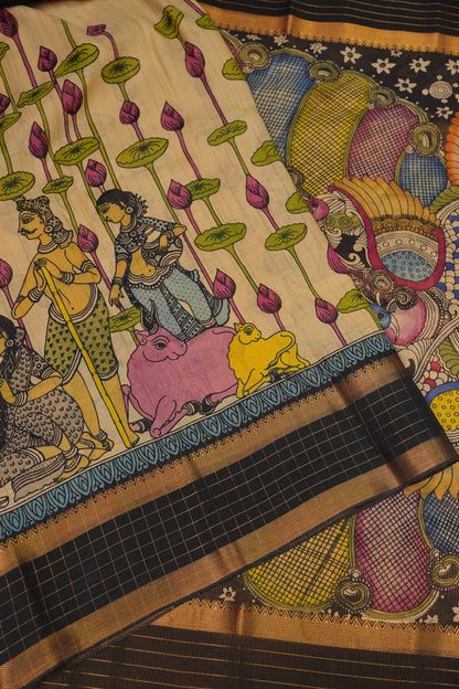 Handpainted PenKalamkari Saree on Bangalore Silk – Beige & Black