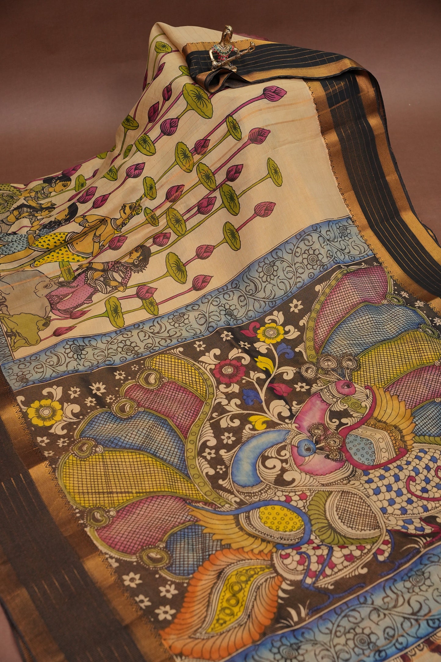 Handpainted PenKalamkari Saree on Bangalore Silk – Beige & Black