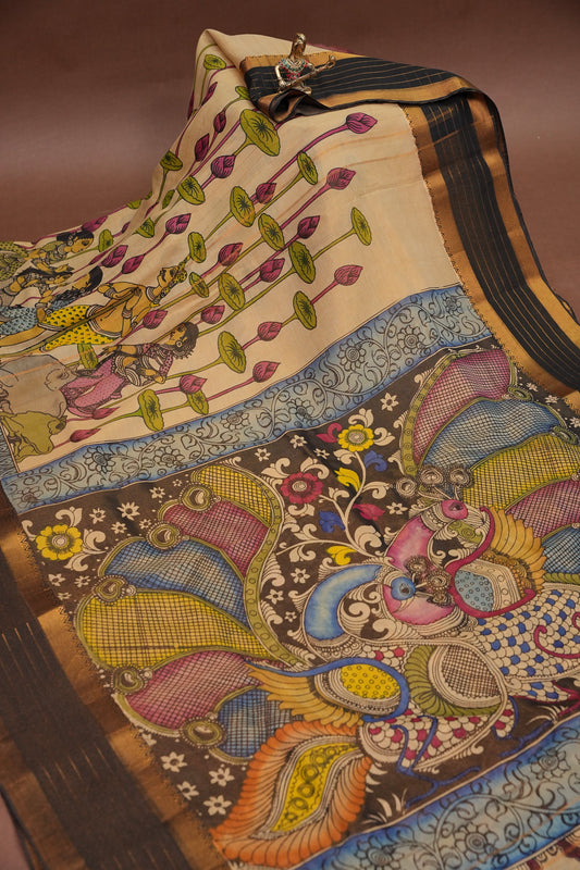 Handpainted PenKalamkari Saree on Bangalore Silk – Beige & Black