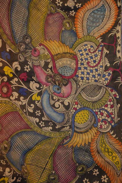 Handpainted PenKalamkari Saree on Bangalore Silk – Beige & Black