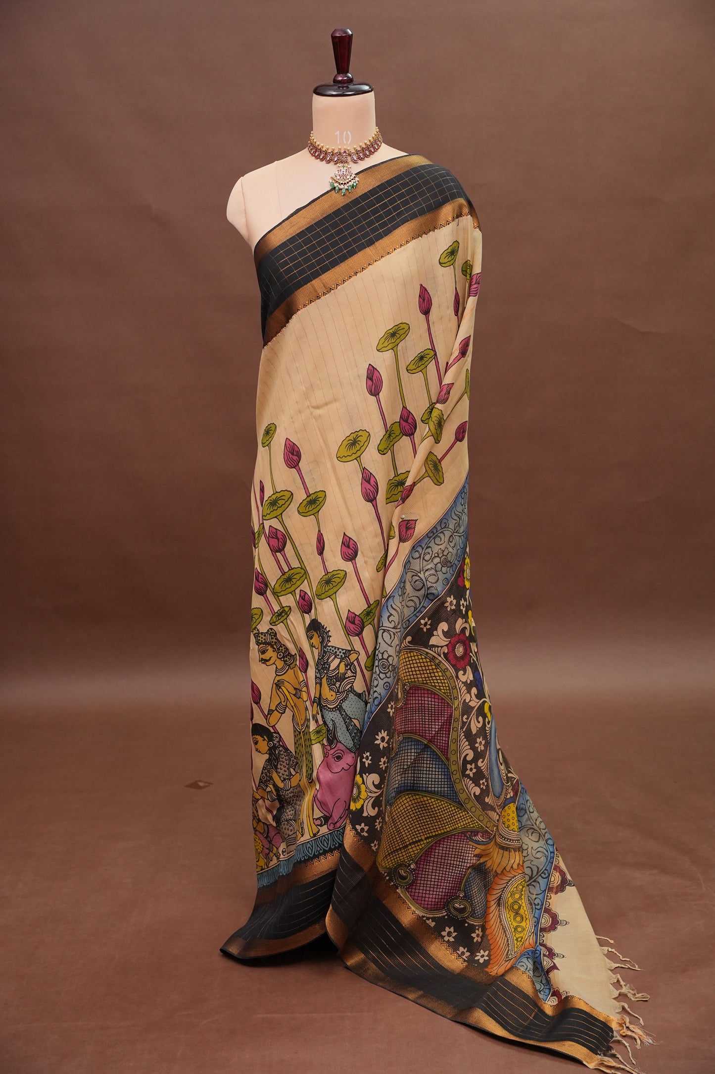 Handpainted PenKalamkari Saree on Bangalore Silk – Beige & Black