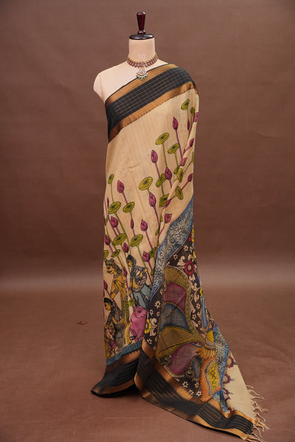 Handpainted PenKalamkari Saree on Bangalore Silk – Beige & Black