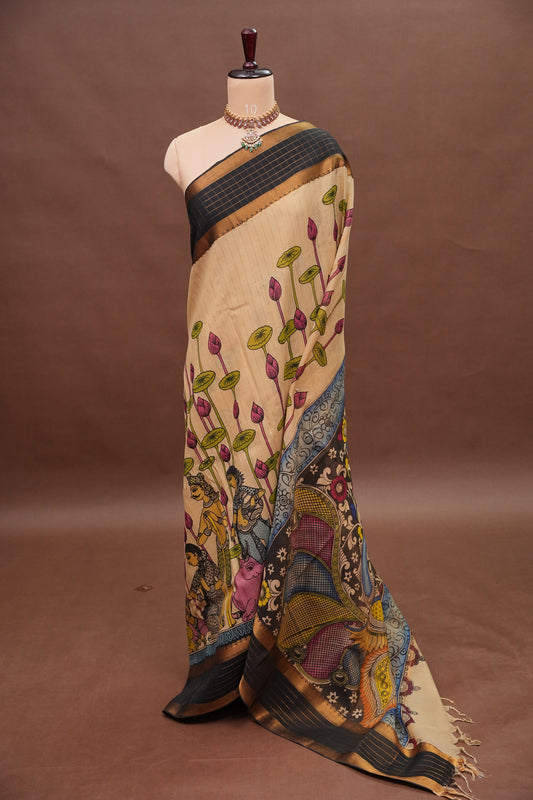 Handpainted PenKalamkari Saree on Bangalore Silk – Beige & Black