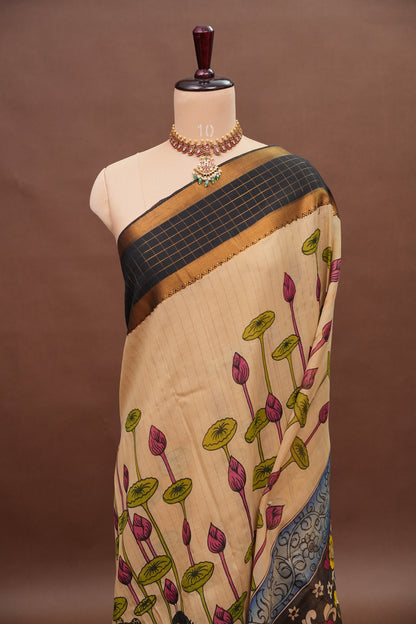 Handpainted PenKalamkari Saree on Bangalore Silk – Beige & Black