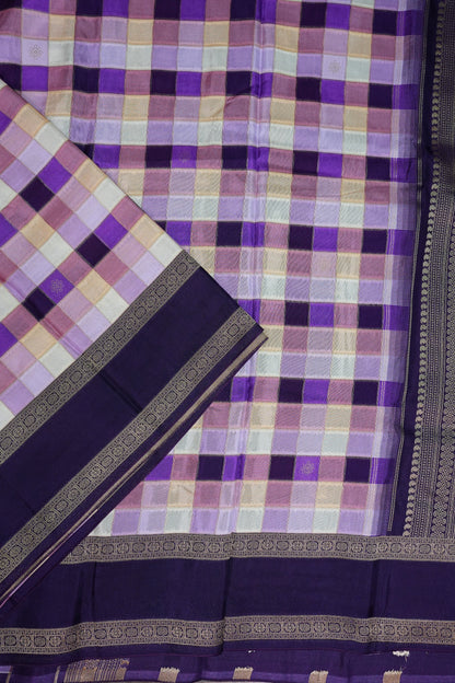 Munga Crepe Silk Saree – Purple Multicolour Checks with Deep Violet Zari Pallu