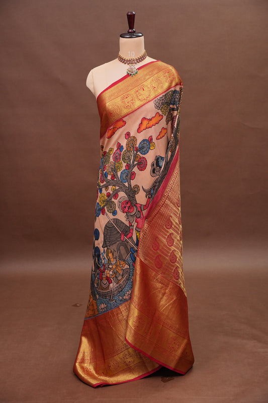 Handpainted Pen Kalamkari Pure Kanchipuram Silk Saree - Peach with Red Border|Silk Mark Certified