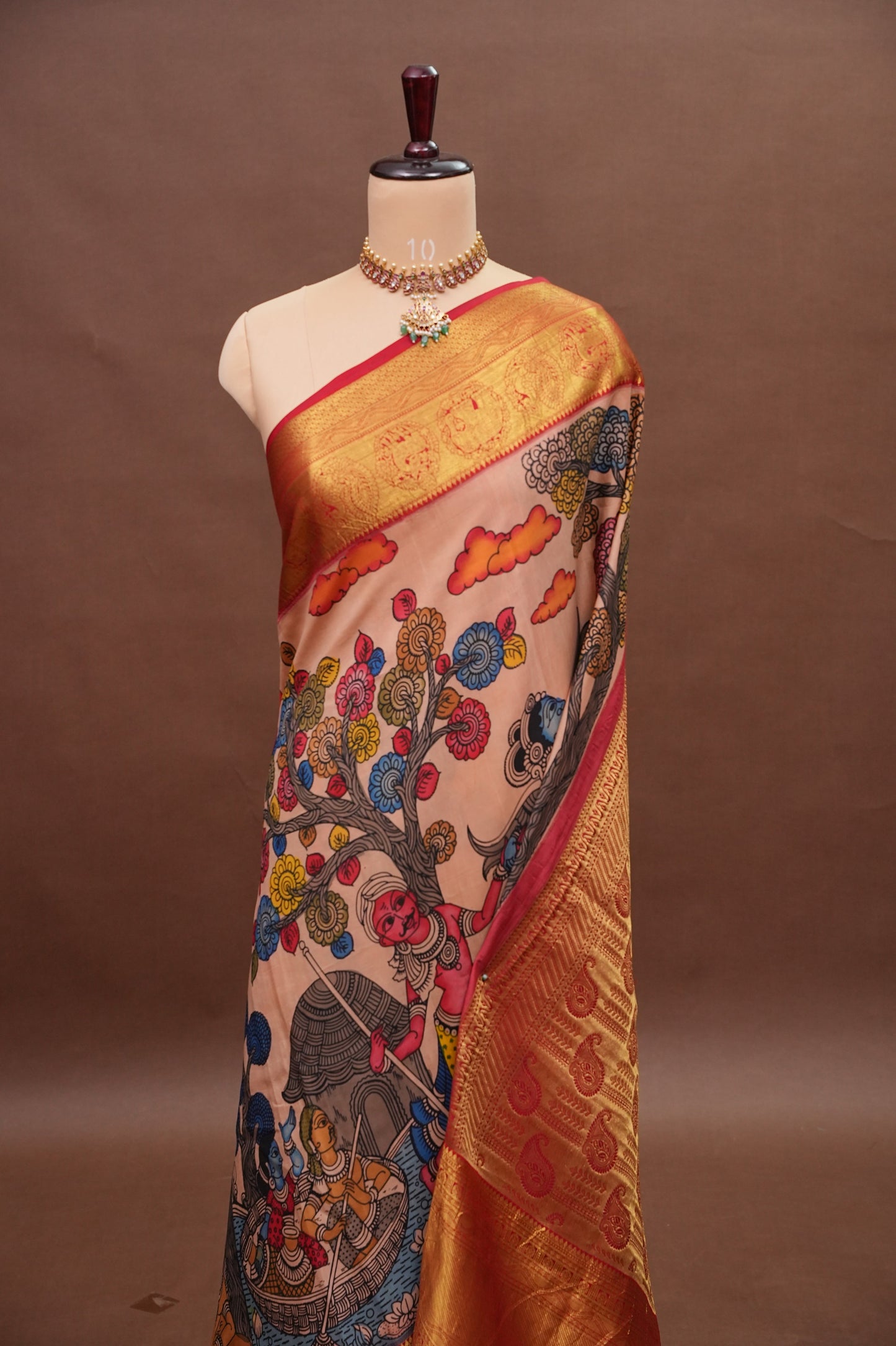 Handpainted Pen Kalamkari Pure Kanchipuram Silk Saree - Peach with Red Border|Silk Mark Certified