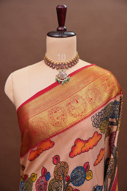 Handpainted Pen Kalamkari Pure Kanchipuram Silk Saree - Peach with Red Border|Silk Mark Certified