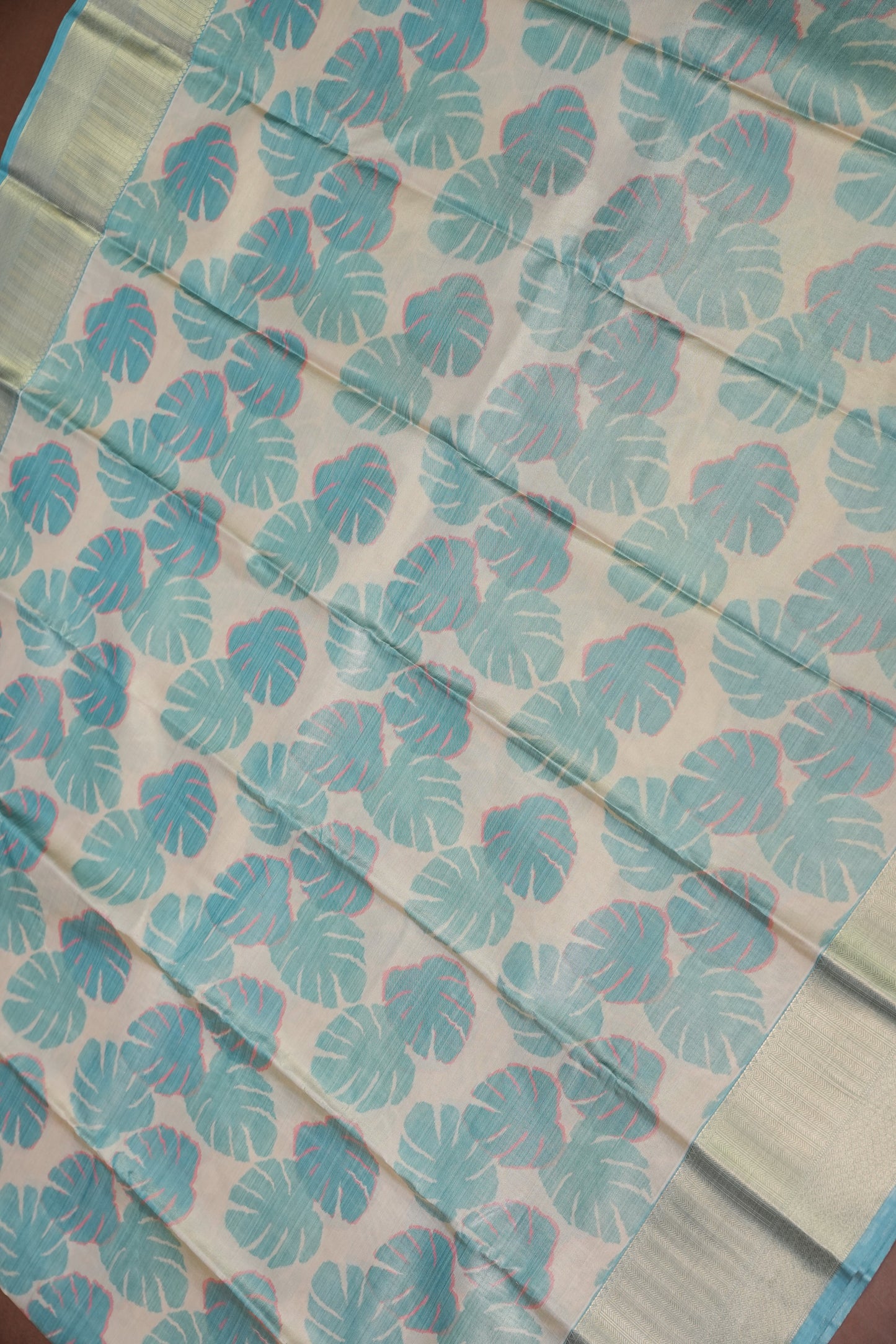 Digital Printed Semi Silk Saree – Ivory with Aqua Blue