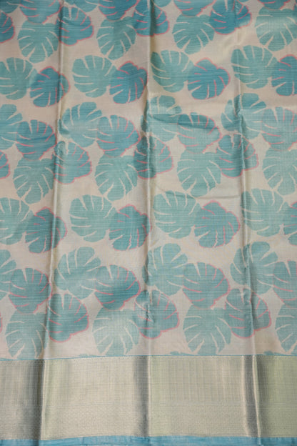 Digital Printed Semi Silk Saree – Ivory with Aqua Blue