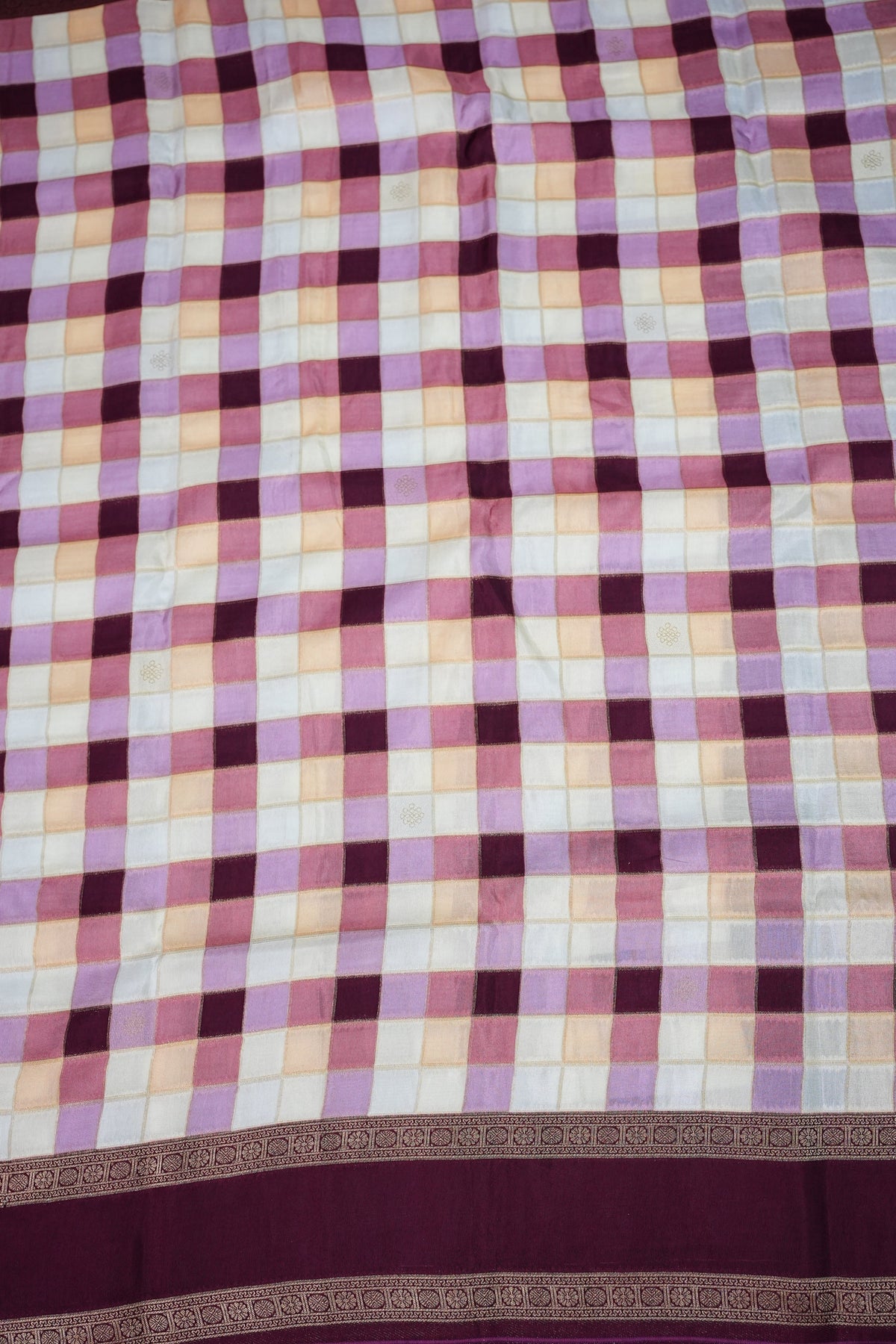 Munga Crepe Silk Saree – Pastel Multicolour Checks with Plum Purple Zari Pallu