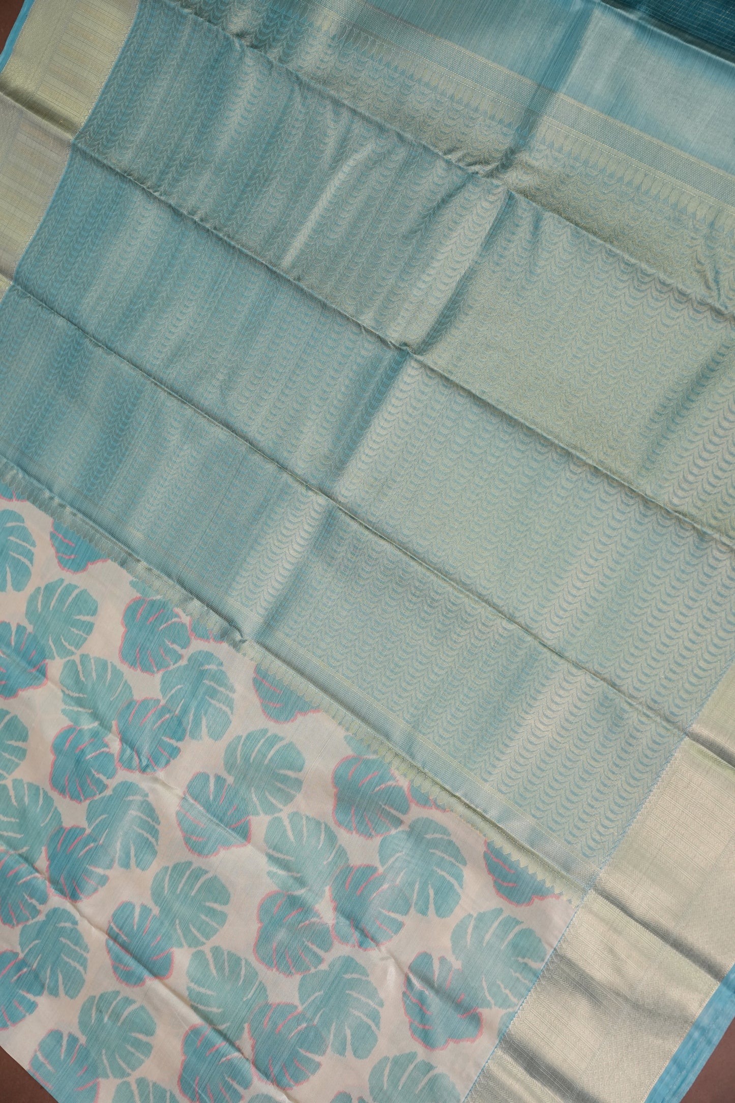 Digital Printed Semi Silk Saree – Ivory with Aqua Blue