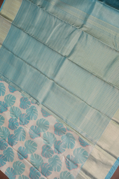 Digital Printed Semi Silk Saree – Ivory with Aqua Blue
