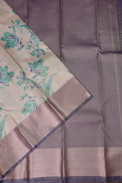 Digital Printed Semi Silk Saree - Ivory with Teal