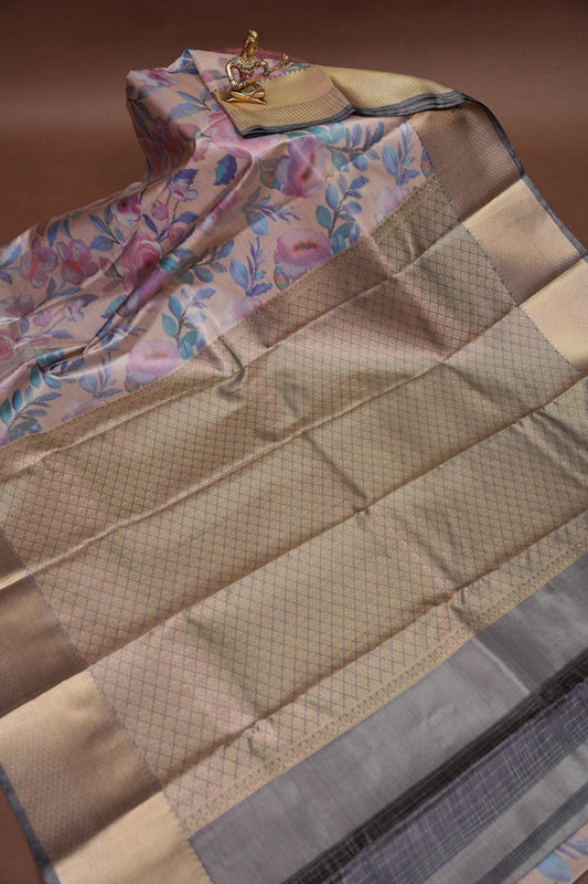 Digital Printed Semi Silk Saree - Pastel Pink Nude