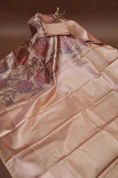 Digital Printed Semi Silk Saree - Peach Beige with Rust